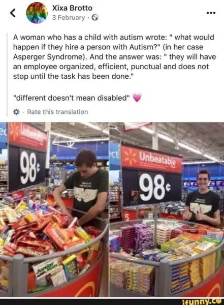 autism memes.  a man is reorganzing the candy in a container at walmart.