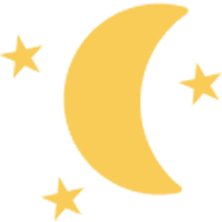 Illustration of crescent moon surrounded by 3 stars. Everything is yellow on a transparant background.