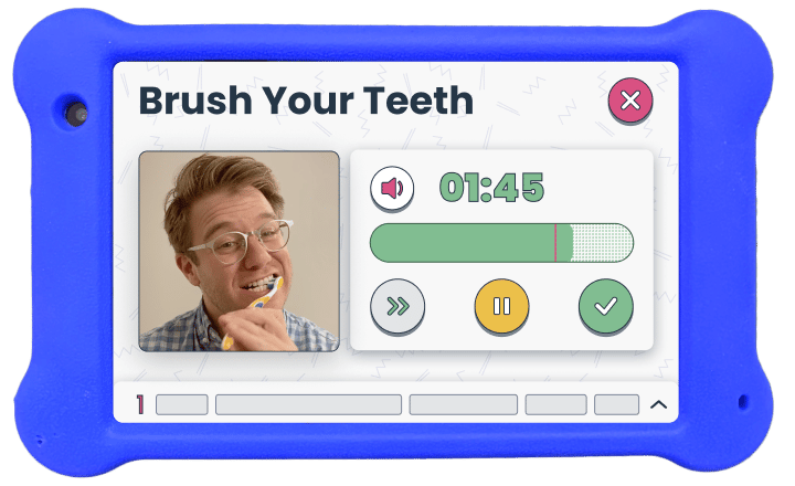 Blue Goally device displaying an activity screen from a digital visual schedule. The activity is titled "Brush your teeth" in the top left with an audio cue next to it. Below the title of the activity is a picture of man modeling how to brush teeth. In the middle of the screen there is a numeric timer counting down from 4 minutes and currently on 3:55. To the right of that is a large visual timer for kids with autism and ADHD also counting down. In the top left there is a cancel button represented as a red "x", and at the middle bottom of the screen there are skip, pause and complete buttons. Finally, at the very bottom of the screen there is a progress bar represented in blue and white.