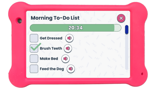 Morning Routine Checklist for Kids displayed on the blue Goally device. On the top of the screen there is a title reading "Morning-To-Do List". Next to the totle is a countdown timer for the length of the to-do list currently reading "06:23" - next to this is a red x button to cancel the routine. Below is a list of items with speakers next to them and checkboxes. Each item can be read aloud. They are as follows: Get dressed, brush teeth, make bed, feed the dog.morning routine checklist for kids on the Goally App