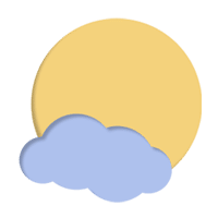 Illustration of a yellow sun behind a blue cloud on a transparent background.