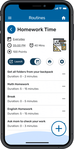 Goally parent app displayed on a black iPhone screen. The parent app is on an editable "Homework Time" visual schedule. There are options displayed the schedule the routine at any day and time of the week. The total time of the routine is displayed as well. There is a visual aid in the top right of homework illustrations. The items listed are "Get all folders from your backpack", "Math Homework", "break", "english homework", and "ask mom to check your work". Under each activity there is a duration note of how long the activity should take, respectively. These times range from 0 minutes to 15 minutes.There is a "+" button in the bottom right for add more activities to the homework routine on the adhd app for kids.
