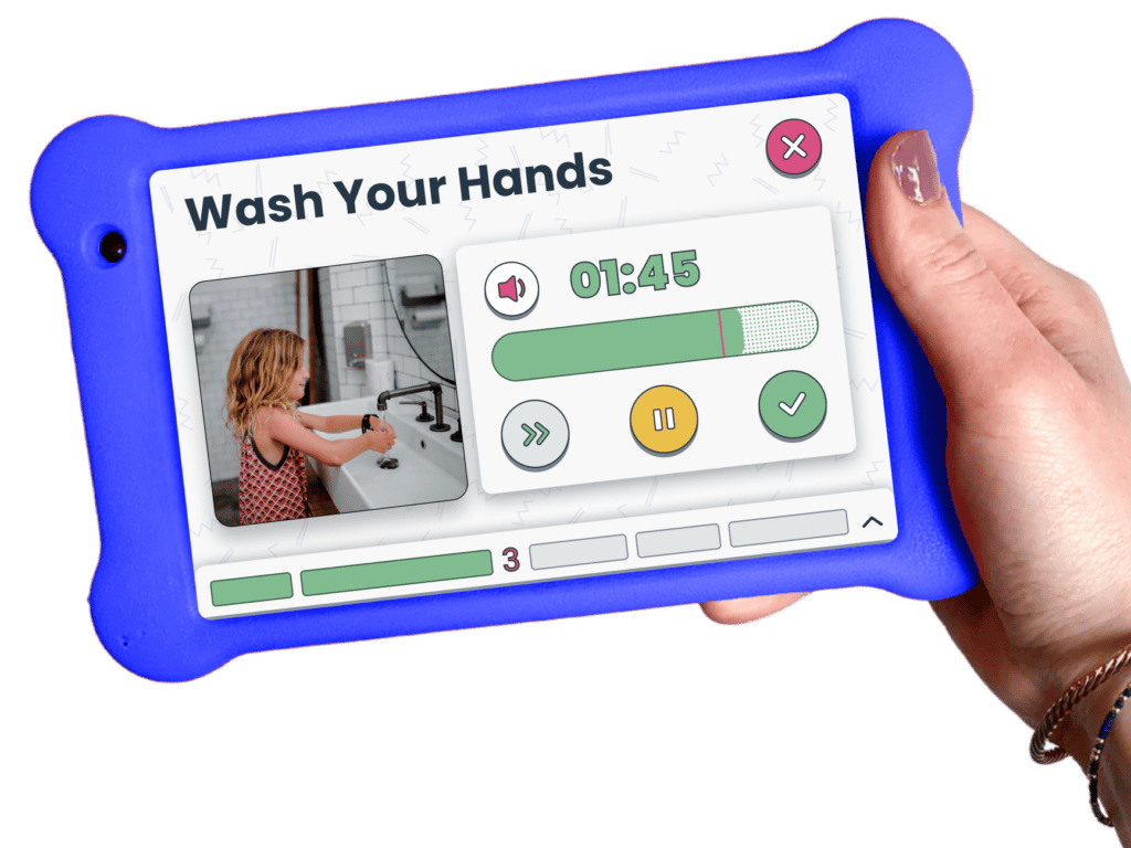 a visual scheduler called goally that is held by a hand. Goally is using a potty training visual schedule to teach a child to wash their hands.