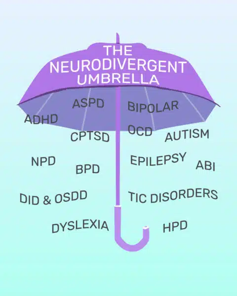 Conditions that fall under the Neurodivergent umbrella. Pictured is an illustration of common neurodivergent conditions under an umbrella. The conditions listed are ASPD, ADHD, bipolar, OCD, autism, NPD, BPD, ABI, DID, Dyslexia, and HPD.