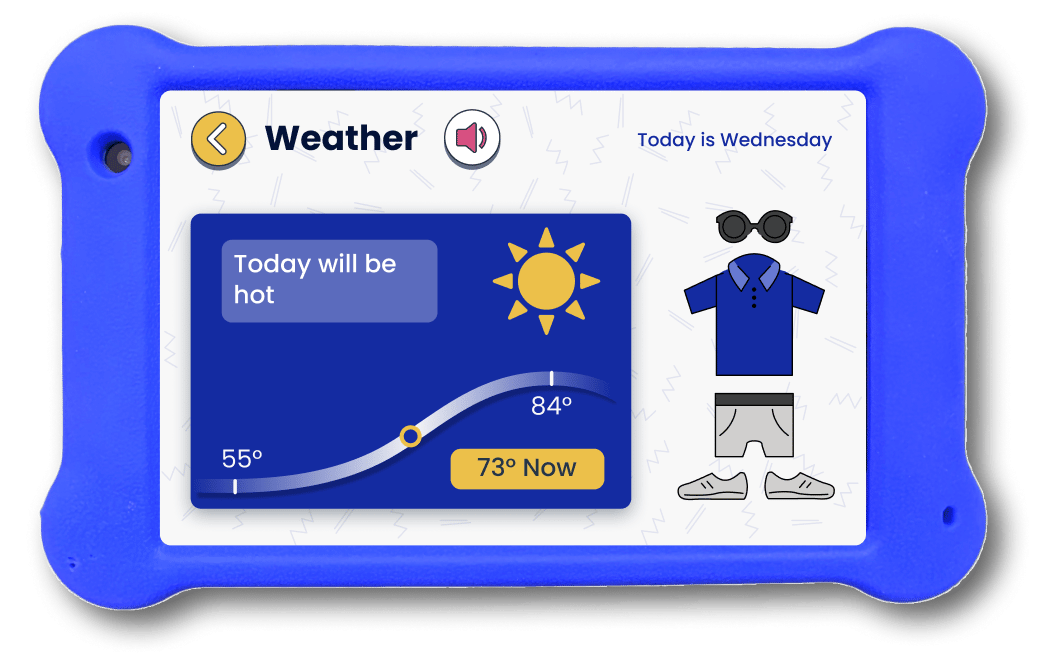 Goally's weather for kids shows them how to get dressed with visual aids, audio cues, and more. This is an image of Goally's weather app on a