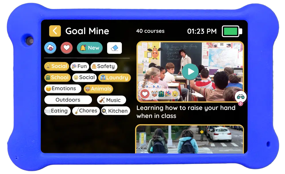 Goal Mine on a blue Goally tablet showing a lesson for "learning how to raise your hand when in class."