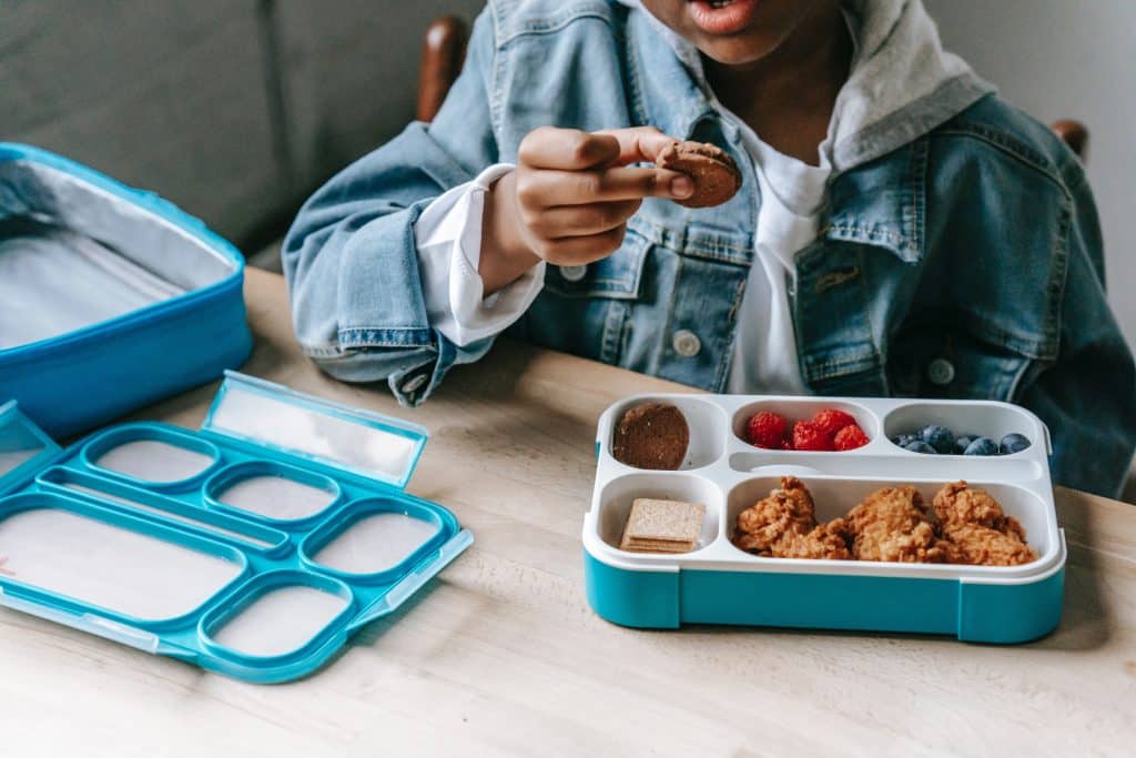 Food ideas for picky autistic child. A child sits with a lunch box in front of them full of different foods in different compartments.