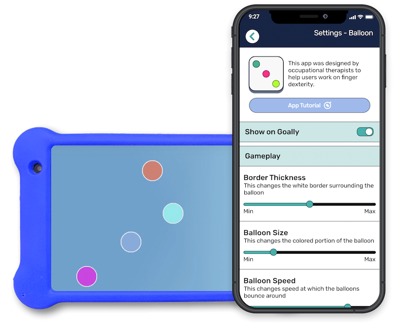 A blue Goally tablet on the balloons app screen next to a smartphone displaying the Parent App settings for the Balloons app. It shows sliders for
