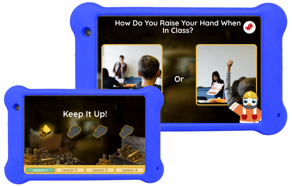 2 blue Goallys, one with a "keep it up!" reward screen and the other showing a mid-lesson practice on Goally's TV App Channel called Goal Mine. The question on the second Goally's screen says "How Do You Raise Your Hand When in Class?