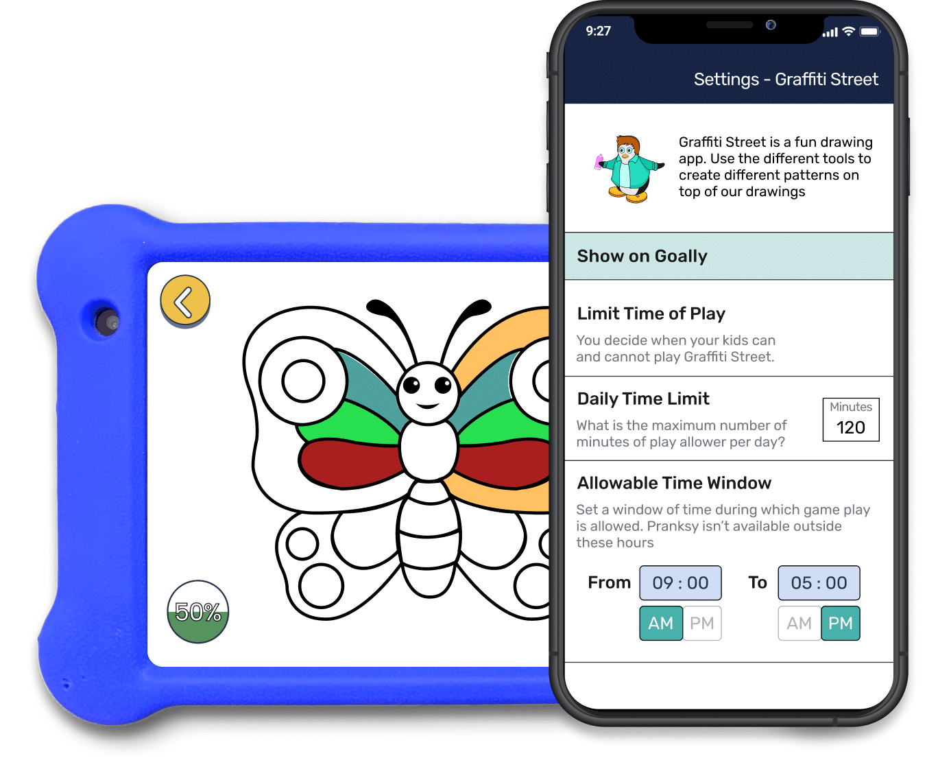 Goally's drawing apps for kids is displaying a butterfly drawing in Graffiti Street. Next to it is the Parent app displaying Graffiti app settings like a daily time limit and time window.