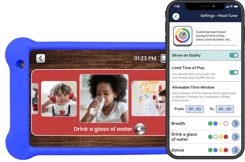 A Blue Goally displaying Mood Tuner app's activities under the mood "red." The selected activity is "drink a glass of water." Next to it is Goally's care team app displaying the settings of Mood tuner, where parents decide time windows and control which activities are played under which mood color.