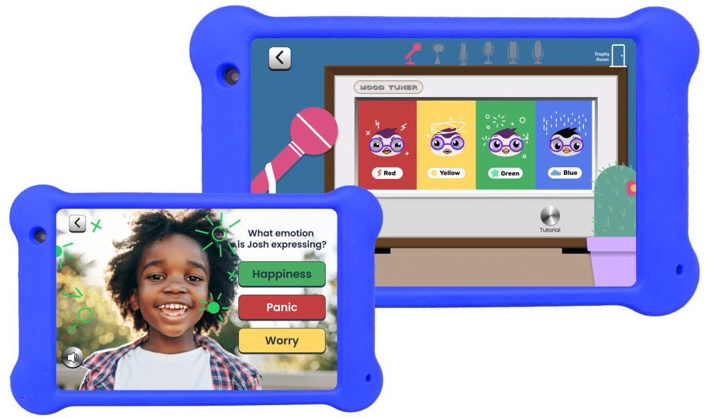 Goally's Mood Tuner app displayed on two Goally Devices. One shows the quiz asking which emotion the child is showing. Another shows the zones of regulation that child can select to express how they are feeling.