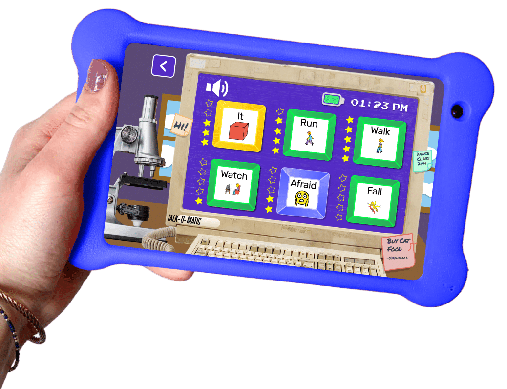 The best language learning apps for kids is Word Lab, shown here. The image is a hand holding a blue Goally on Word Lab's home screen showing the core word lessons for
