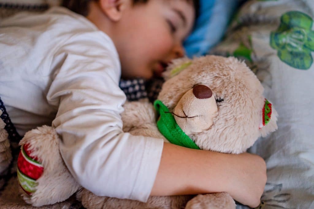 How to put a kid to sleep in 40 seconds: A little boy sleeps cuddling his teddy bear.