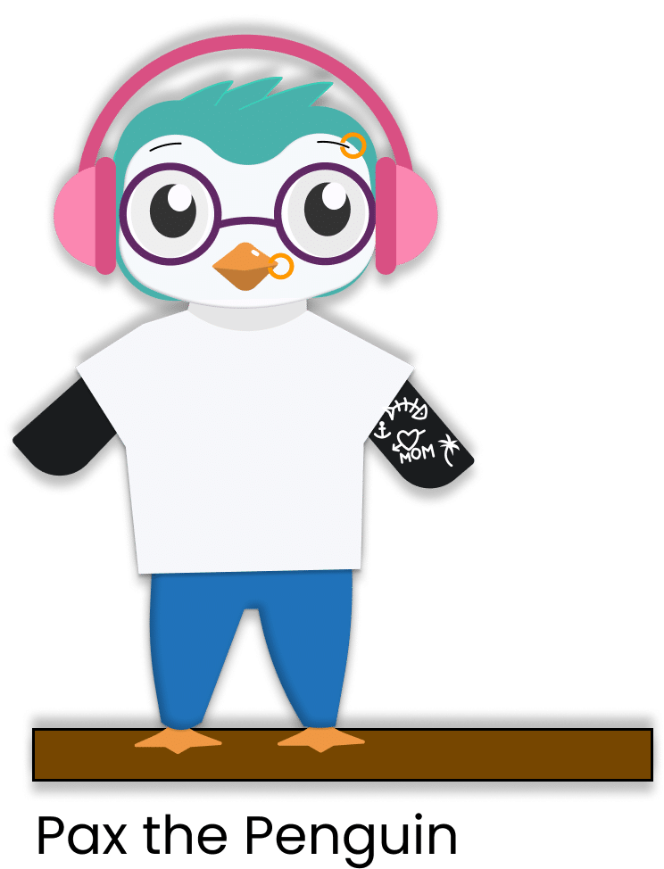 Goally's penguin named Pax, who is the penguin over the emotional regulation app, wearing pink headphones. He has tattoos on his arm and a nose ring.