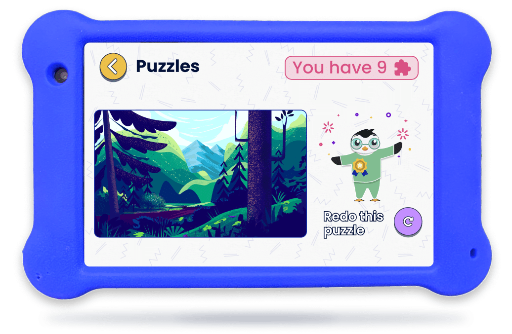 A blue Goally skill building tablet showing a completed puzzle with the option to redo the puzzle.