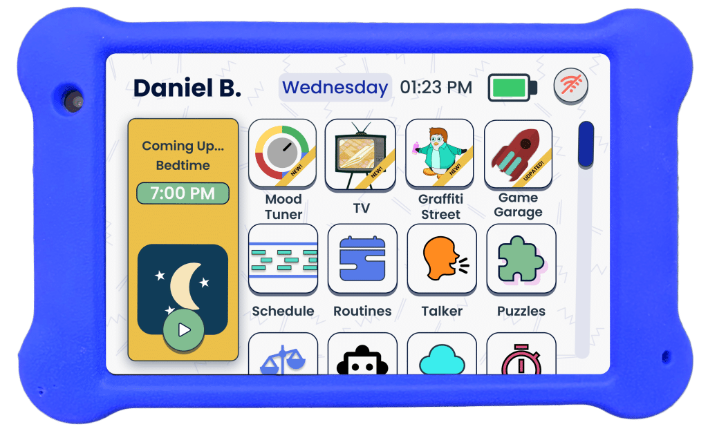 Goally's distraction-free kid's tablet on the home screen that displays all 15+ skill building apps.