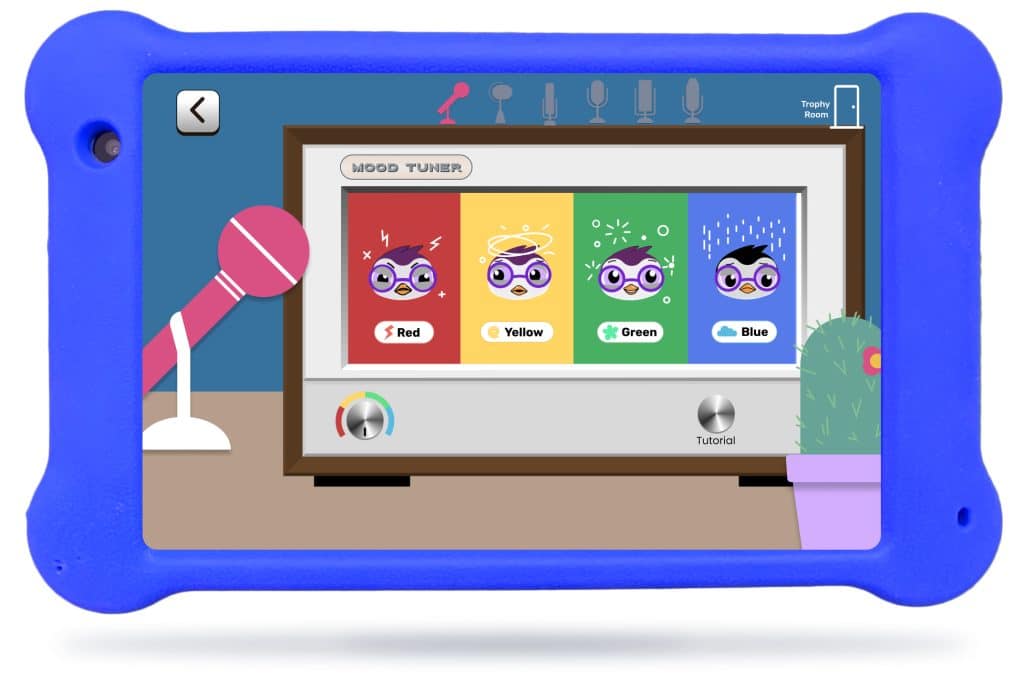 Goally's Mood Tuner app on a blue dedicated tablet that Goally makes for kids. Shown on screen are the 4 zones of regulation for kids to select.