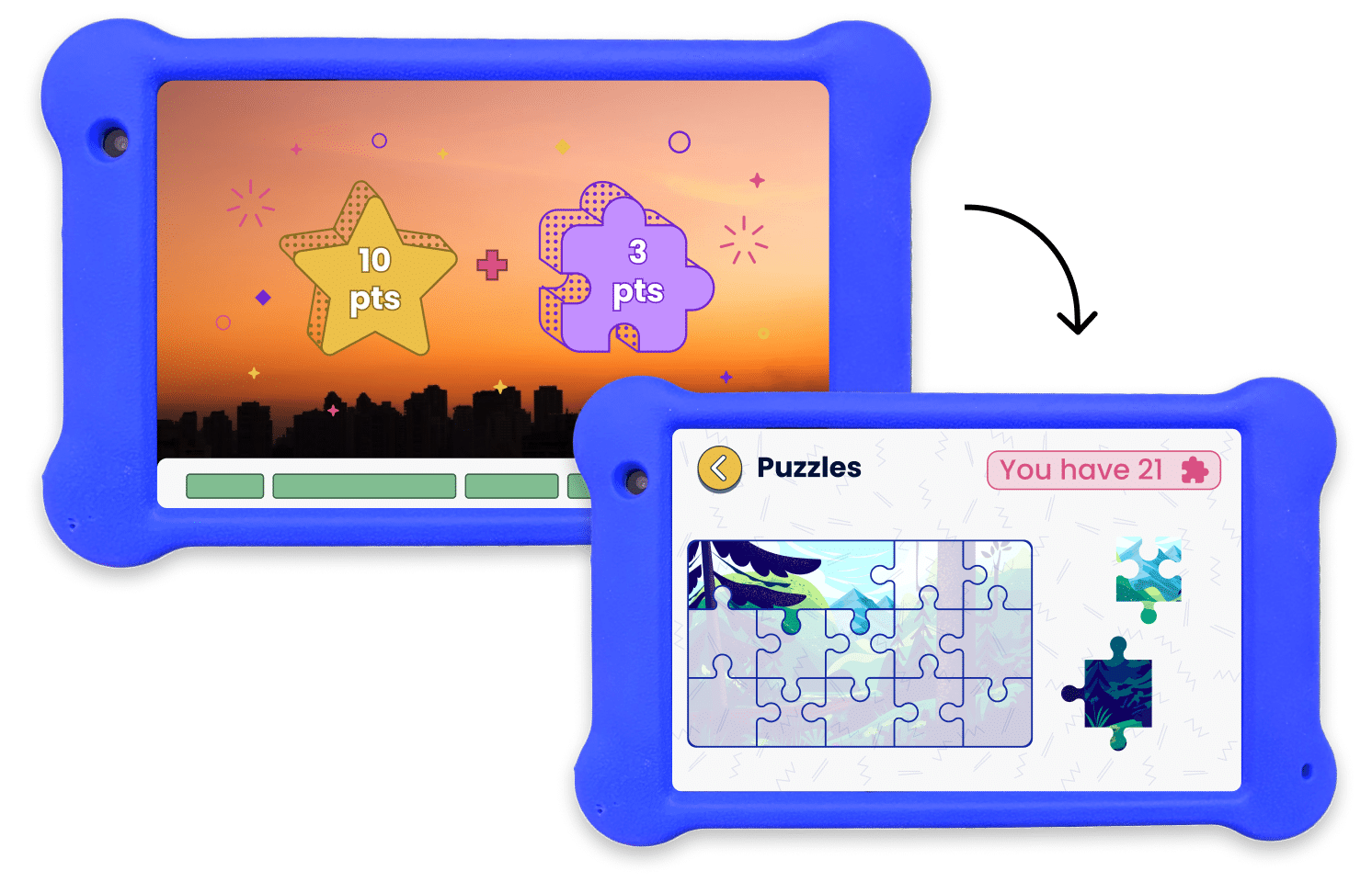 2 blue Goallys, with one displaying the end of a morning routine where a child earned 3 puzzle pieces, and the second showing the Puzzle App on Goally, where the child can use those puzzle pieces to finish a puzzle.