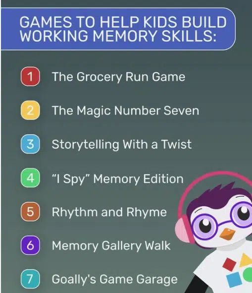 working memory examples. Image of a list of games to help kids build working memory skills.