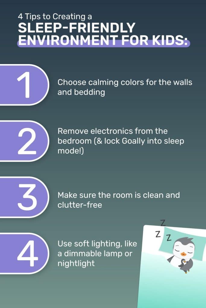 ADHD sleep issues illustration. The graphic shows tips on creating a good sleeping environment for kids.