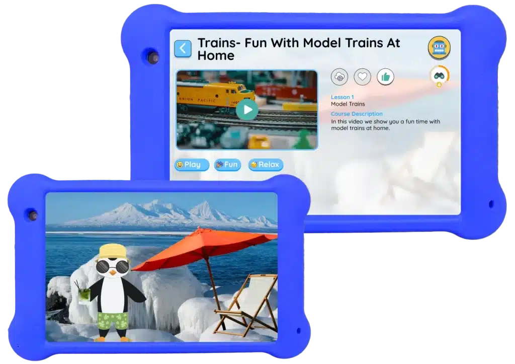 adhd apps for kids. a Goally device is seen with the app "chill zone". Chill zone offers relaxing videos for kids to self-regulate their emotions. the top device shows a train video and the bottom shows a penguin relaxing by a glacier. 