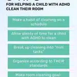 how to clean your room with adhd. This infographic is from Goally's pinterest and talks about tips on how to help a child with ADHD clean his/her room.