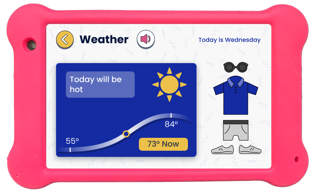 Check the weather as part of getting ready to go to the pool. A pink Goally device shows the weather for the day.