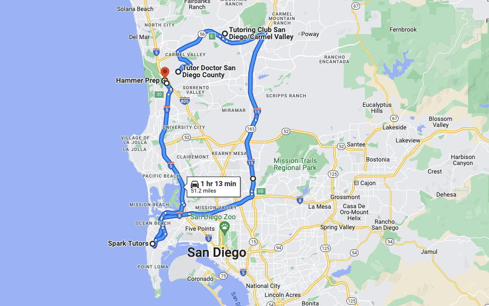 Tutors in San Diego. Google map showing best 5 tutors in San Diego California.