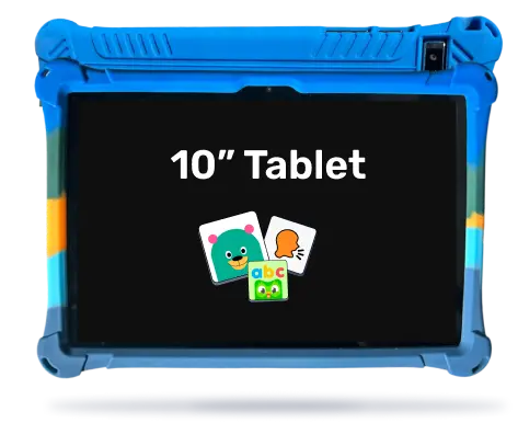 The best tablet for kids displayed in the 10 inch style. The Goally tablet shows a multicolored case and high quality screen display. The only apps on it are educational apps. No ads.