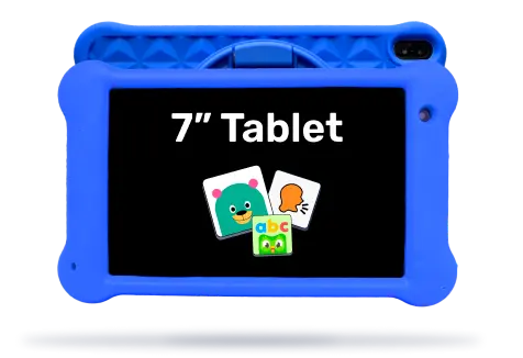 The best tablet for kids displayed in the 7 inch style. The Goally tablet shows a multicolored case and high quality screen display. The only apps on it are educational apps. No ads.