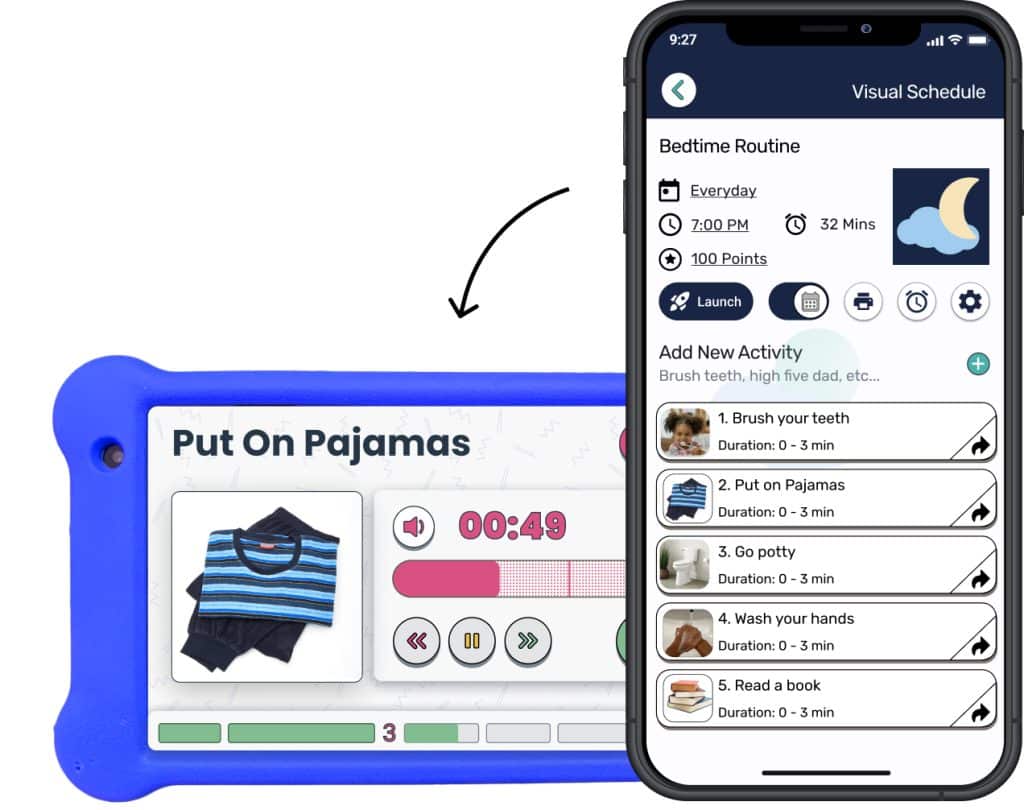 Bedtime routine on Goally's parent app and the best tablet for kids showing each step broken down with a visual, timer, and even audio cues. Parents can follow along with the bedtime routine remotely and customize every step.