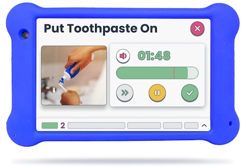 Bedtime Routine on Goally showing the step during the routine for "put toothpaste on." There's a photo of a hand putting toothpaste on a toothbrush next to a timer counting down from 2 minutes.