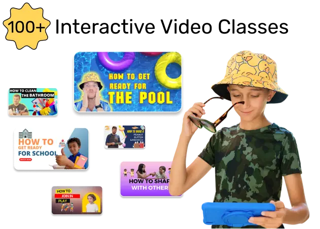 The best tablet for kids has 100+ video classes teaching life skills, like how to get ready for the pool and how to clean the bathroom. A boy stands putting on sunglasses like the video for 