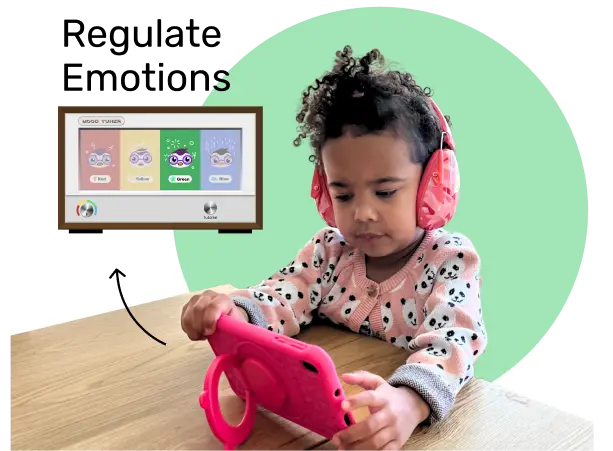 The best tablet for kids being used by a young girl regulating her emotions using Goally's mood tuner. The text above reads 