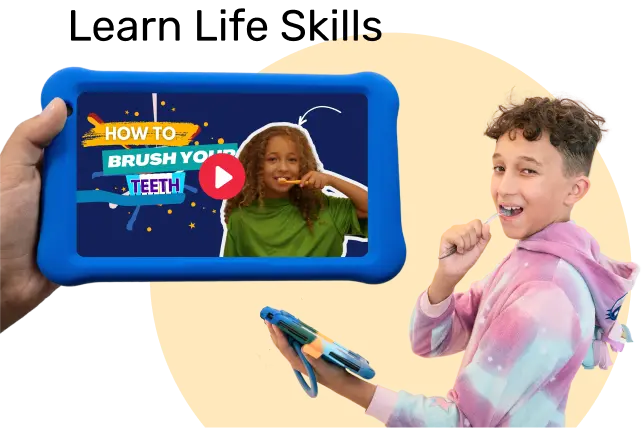 the best tablet for kids helps kids learn life skills on Goally, like brushing your teeth. Shown is a hand holding a Goally tablet showing a 