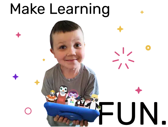 The best tablet for kids Goally makes learning fun. A boy stands holding Goally tablet with the penguin characters popping out of it. Text reads 