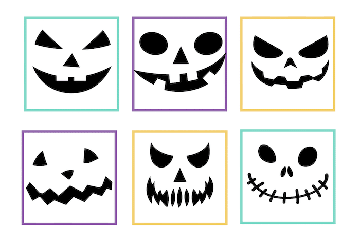 jack o'lantern faces printable showing 6 pumpkin outlines for kids to print off and trace. The text says "free printable pumpkin faces for kids"
