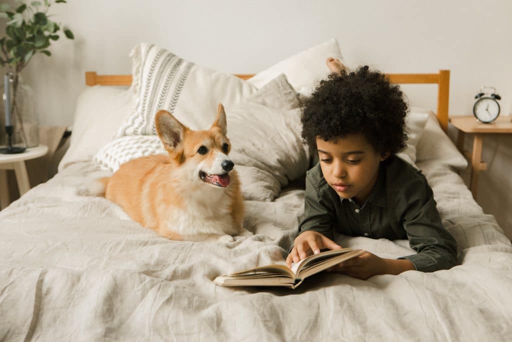 adhd bingo. a child is reading to his dog while laying on the bed.