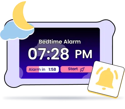 bedtime visual schedule a goally device shows a bedtime alarm that says 7:28pm.