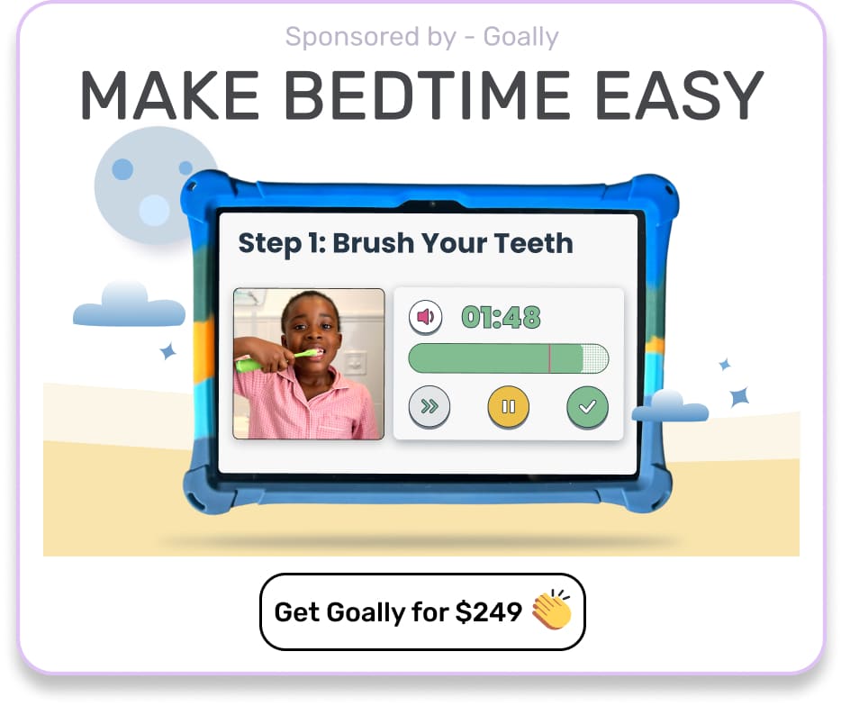 A blue Goally tablet that says "Make Bedtime Easy" above it. There's a bedtime routine showing kids how to brush their teeth.