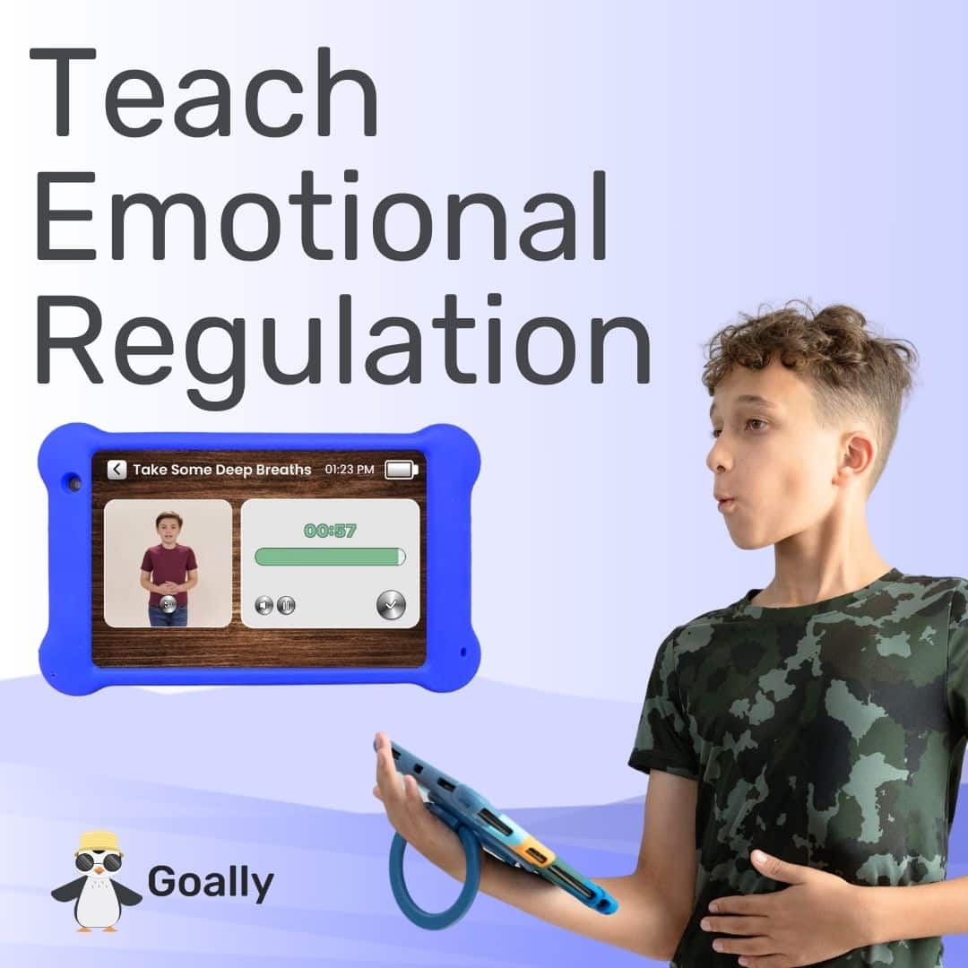 Goally has an emotional regulation app called Mood Tuner that teaches kids emotional regulation strategies. A boy stands holding a Goally tablet practicing the "Take some deep breaths" activity.