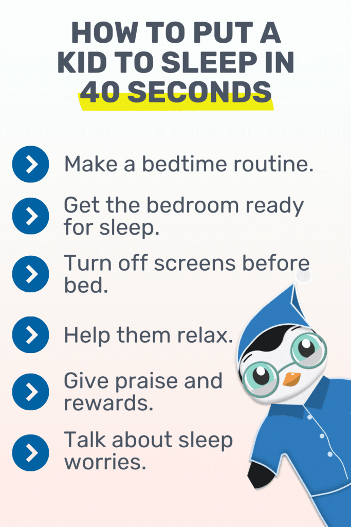 How to Put a Kid to Sleep in 40 Seconds. An infographic from Goally's pinterest entitled "How To Put a Kid to Sleep in 40 Seconds."