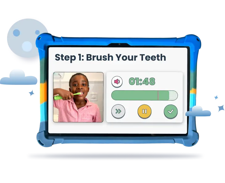 the best tablet for kids is Goally. It walks kids through bedtime, as seen here where a child is brushing his teeth and following a count down timer on Goally as he follows along with the bedtime routine.
