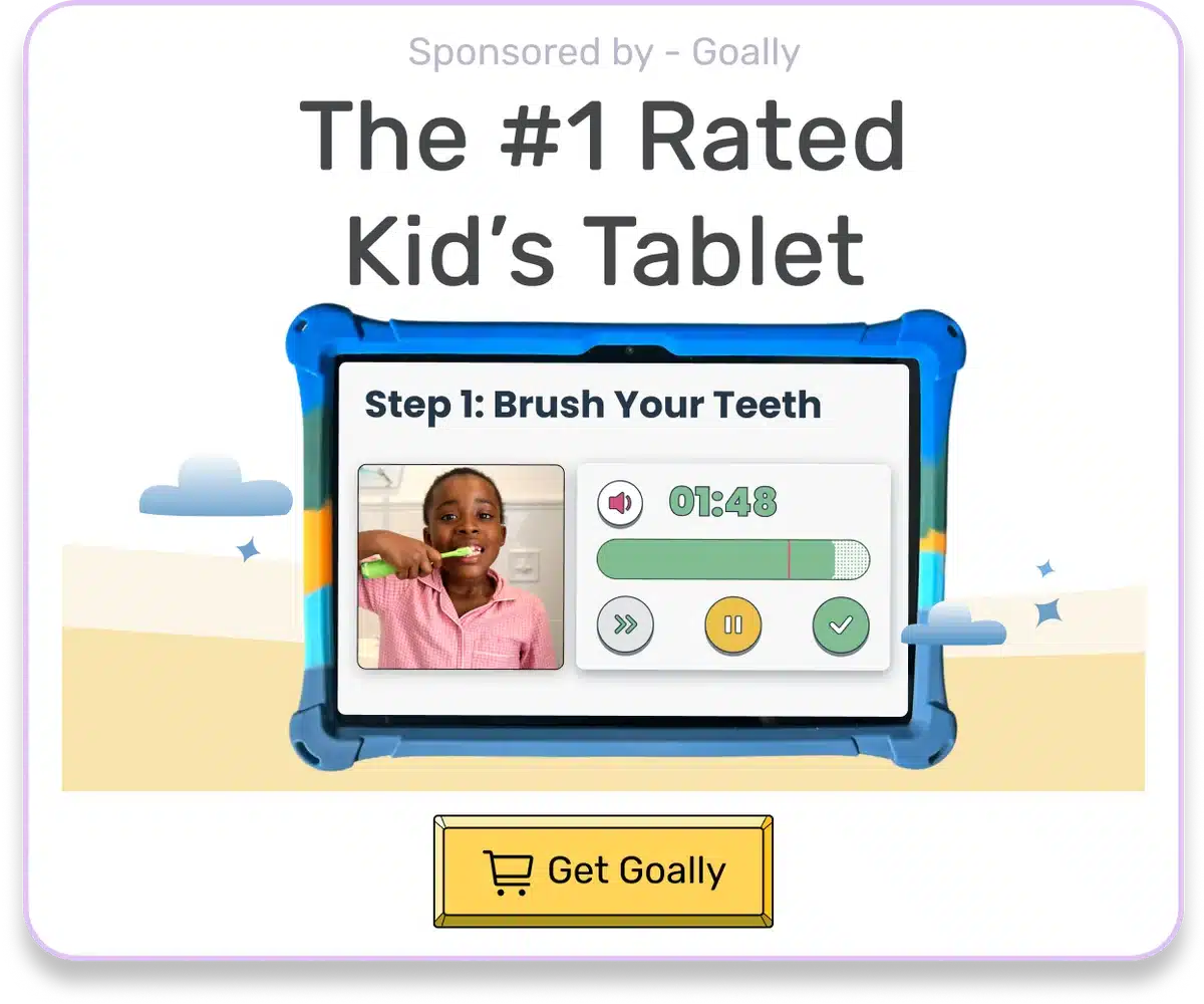 A young child demonstrates brushing teeth on the best tablet for kids by Goally, highlighting a kid-friendly interface.