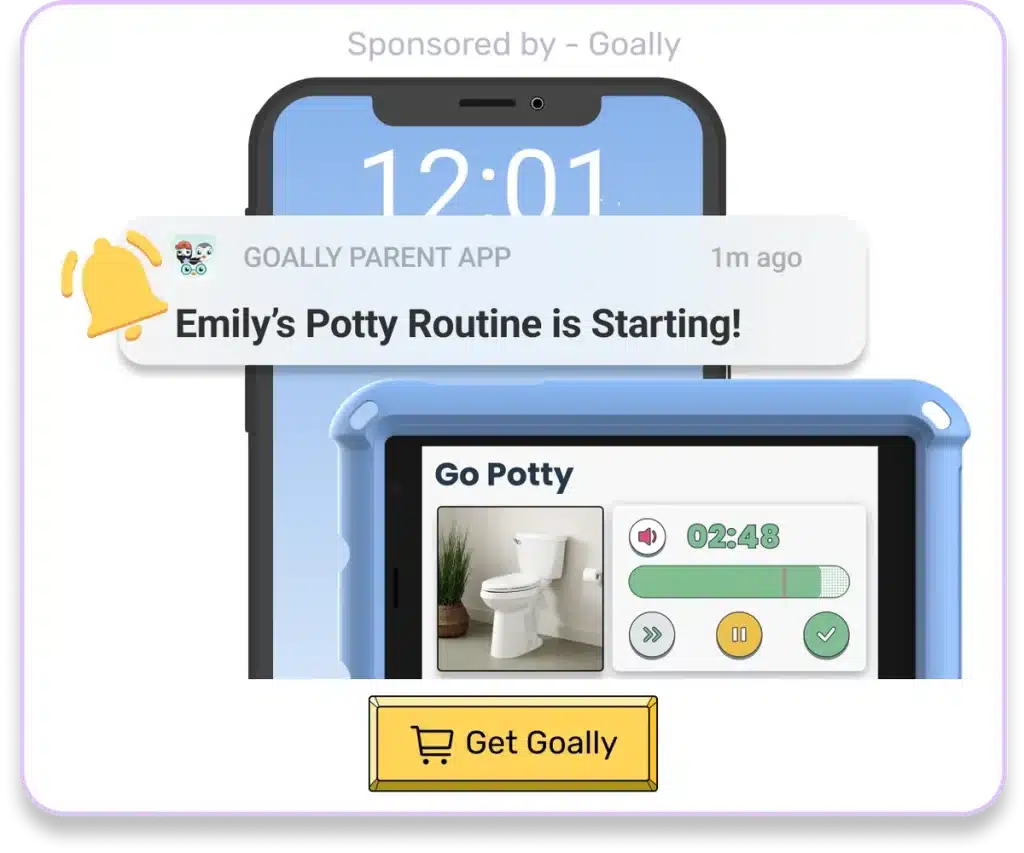 A notification from the Goally Parent App on the best tablet for kids indicating the start of a potty routine, demonstrating parental control features.