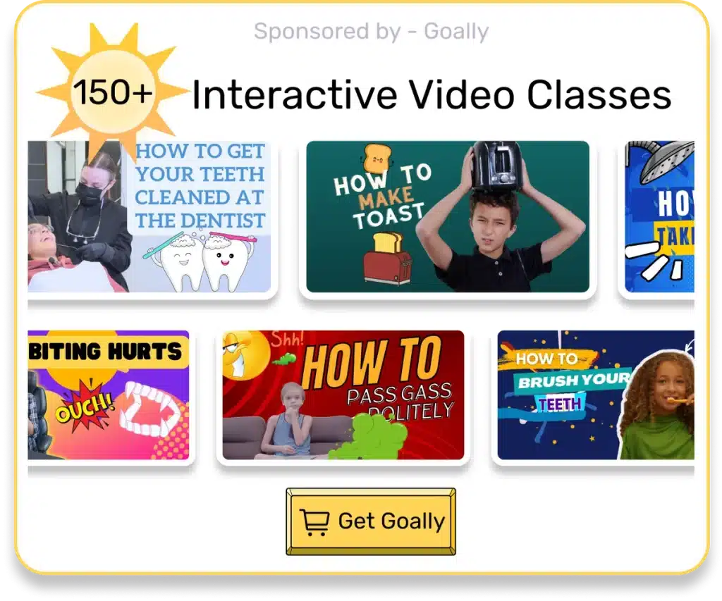 An assortment of interactive video class thumbnails, including dental care and cooking, on the best tablet for kids by Goally.
