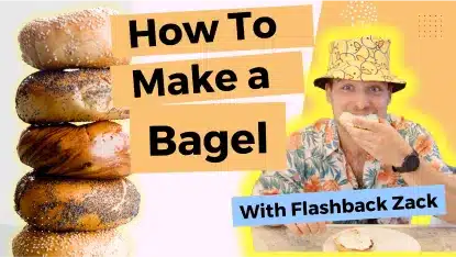 Best tablet for kids: Thumbnail for Goally's goal mine video class with 'Flashback Zack' eating a bagel, titled 'How To Make a Bagel'.