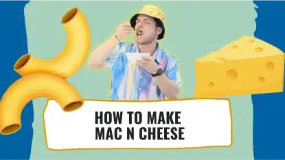Best tablet for kids: A man enjoying a bowl of mac n cheese on a Goally's goal mine video class thumbnail with the title 'HOW TO MAKE MAC N CHEESE'.