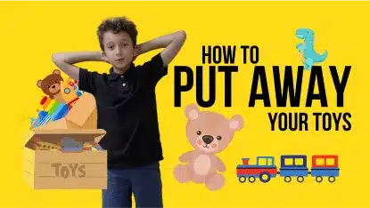 Best tablet for kids: Thumbnail for Goally's goal mine video showing a boy with a toy box and the instruction 'HOW TO PUT AWAY YOUR TOYS'
